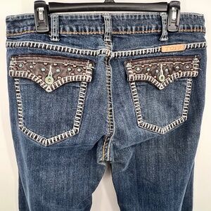 Cowgirl Tuff Co Girls Night Out Brown Denim Jeans Faux Leather Embroidery 33x33